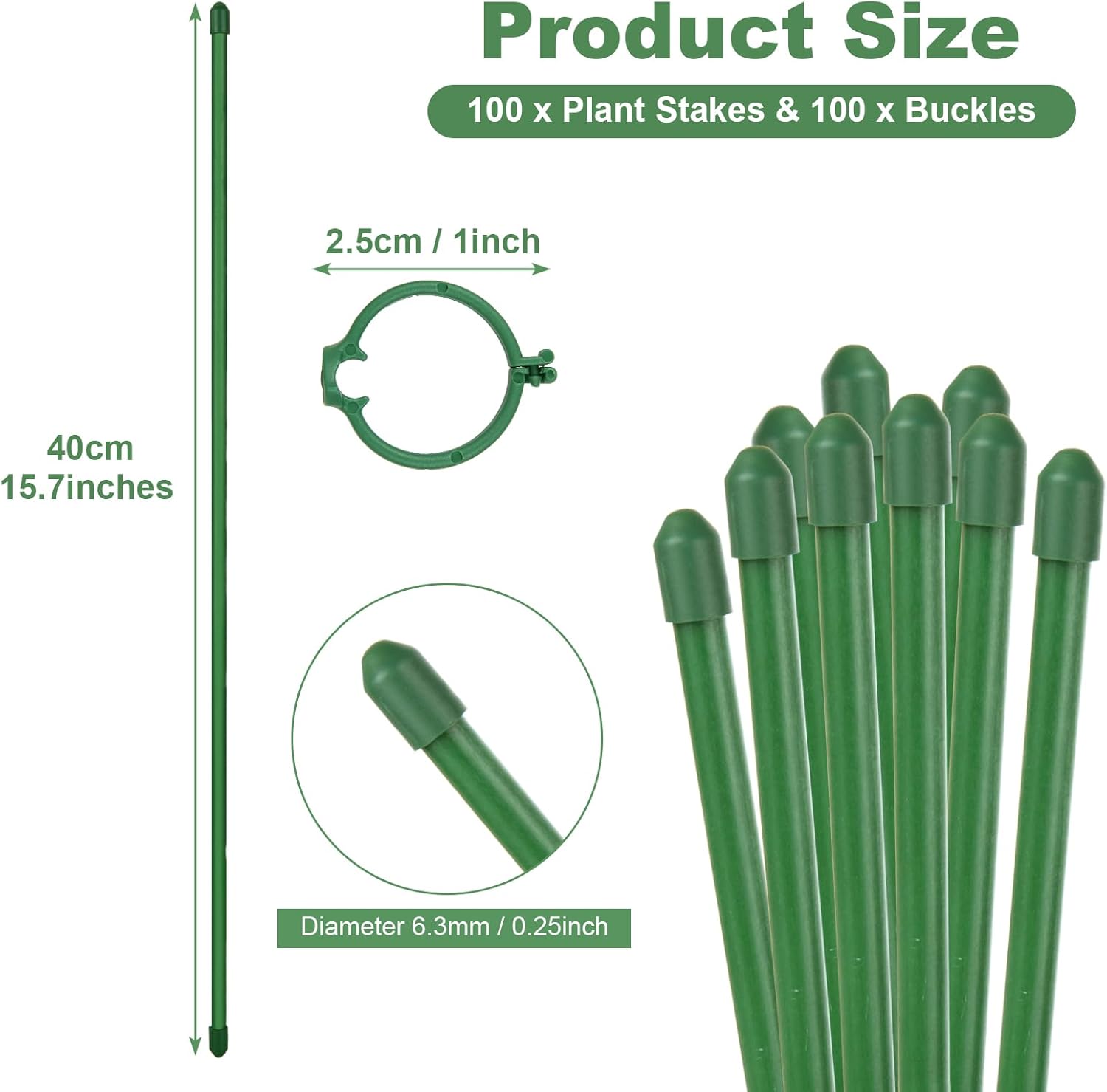 100 estacas de 15.7 pulgadas para plantas de fibra de vidrio verde ajustable para jardín con 100 anillos de hebilla para plantas de interior y