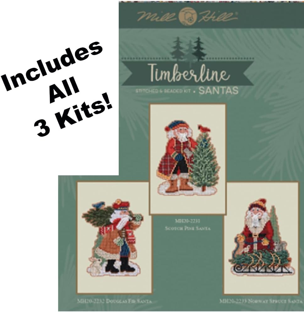 Mill Hill Timberline Santa Set (2022) Juego de 3 kits de punto de cruz con cuentas que incluyen pino escocés, abeto Douglas y Papá Noel de abeto
