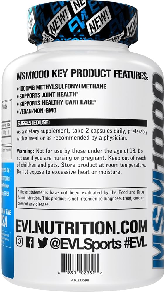 Evlution Nutrition MSM1000-1000 MG Suplemento MSM de metilsulfonilmetano  Apoyo a la salud de las articulaciones  Suplemento para cartílago  Vegano