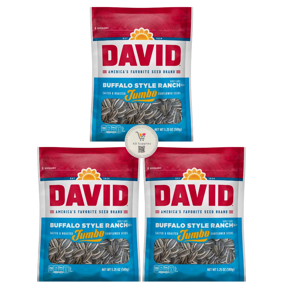David’s Semillas de girasol saladas y tostadas, (paquete de 3) bolsas de 5.25 onzas (Jumbo Buffalo Ranch)