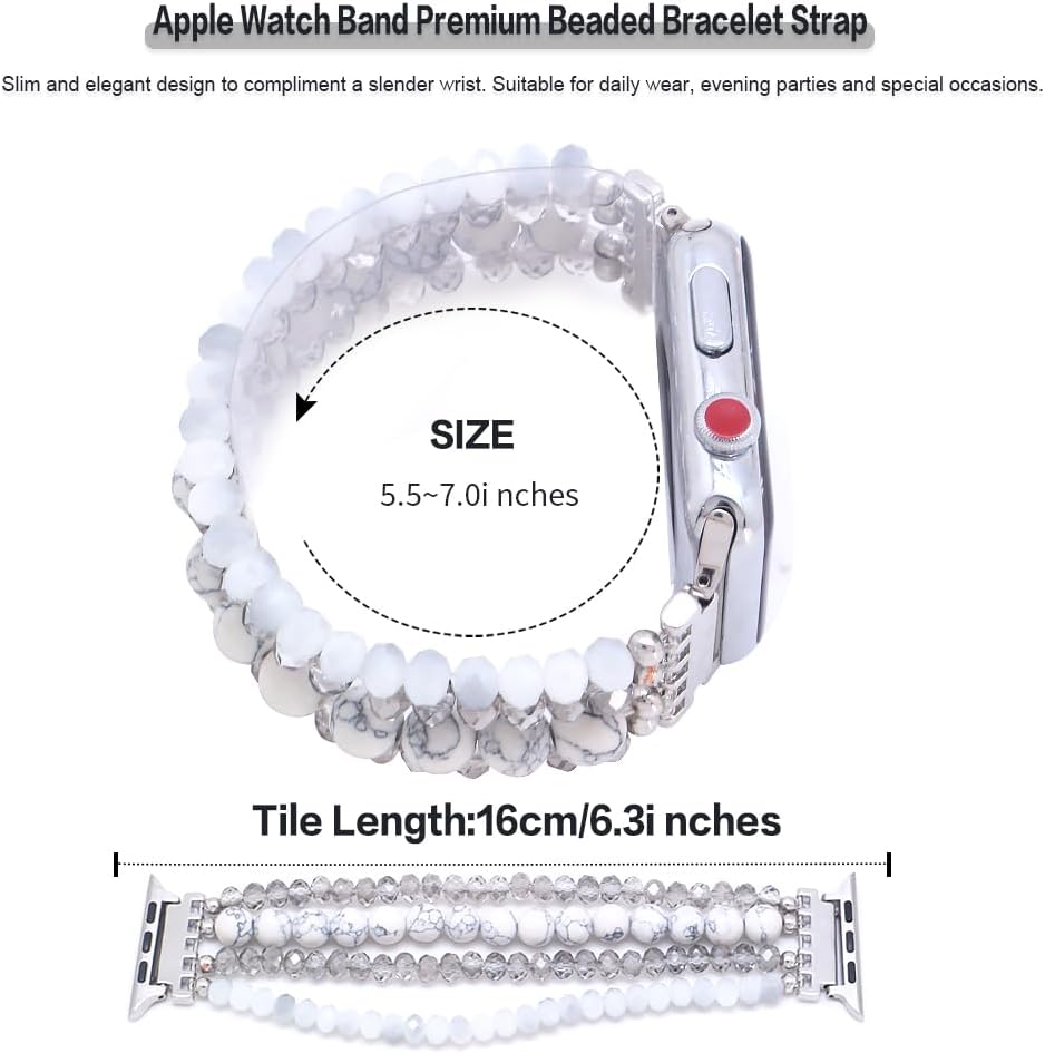 LuReen Pulsera de cuentas de piedra compatible con Apple Watch Band Series UltraSE987654321, correa elástica para iWatch Band 1.496 in1.575 in1.614