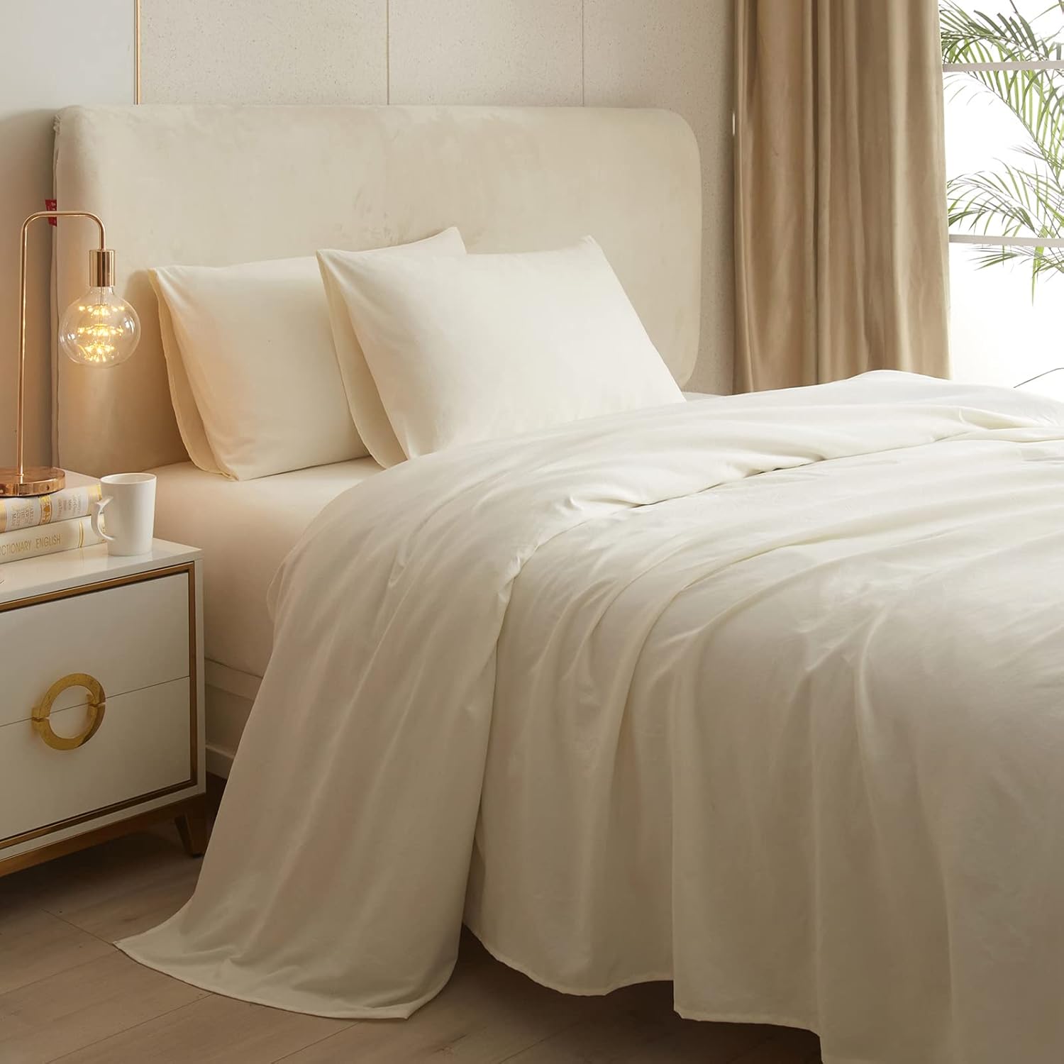 Juego de sábanas refrescantes de 3 piezas de color blanco crema, juego de sábanas y fundas de almohada transpirables, bolsillos profundos de fácil