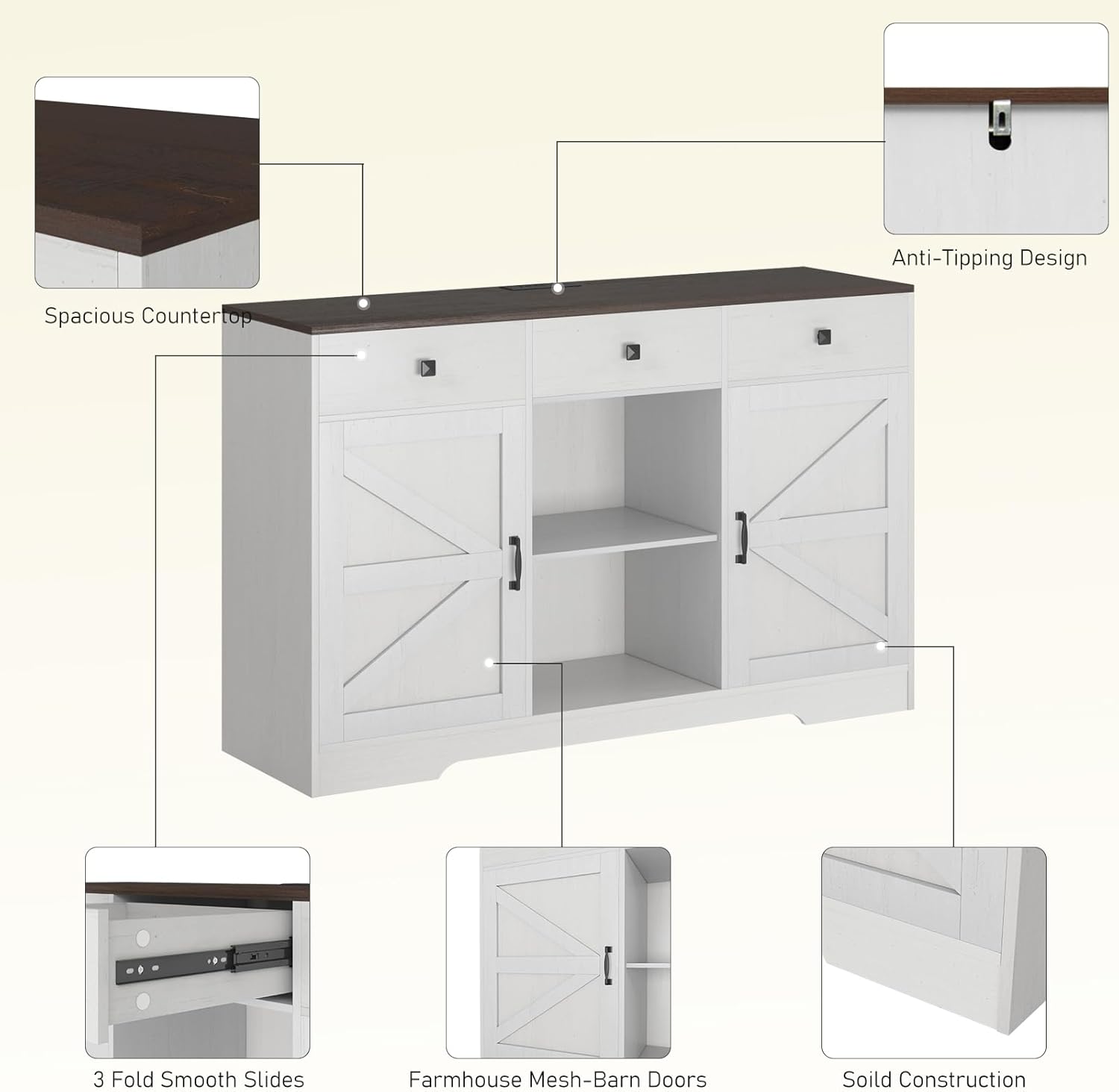 Gabinete de café blanco, gabinete de almacenamiento de bufé de cocina de 54 pulgadas con puertas y cajones, aparador de granja, mesa de bufé,