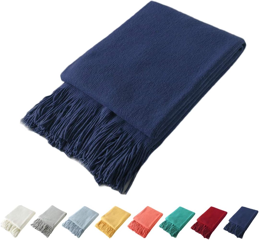 Homiest – Manta decorativa de punto con flecos, suave y acogedora manta con borlas para sofá, sillón, cama (azul marino, 50 x 60 pulgadas)