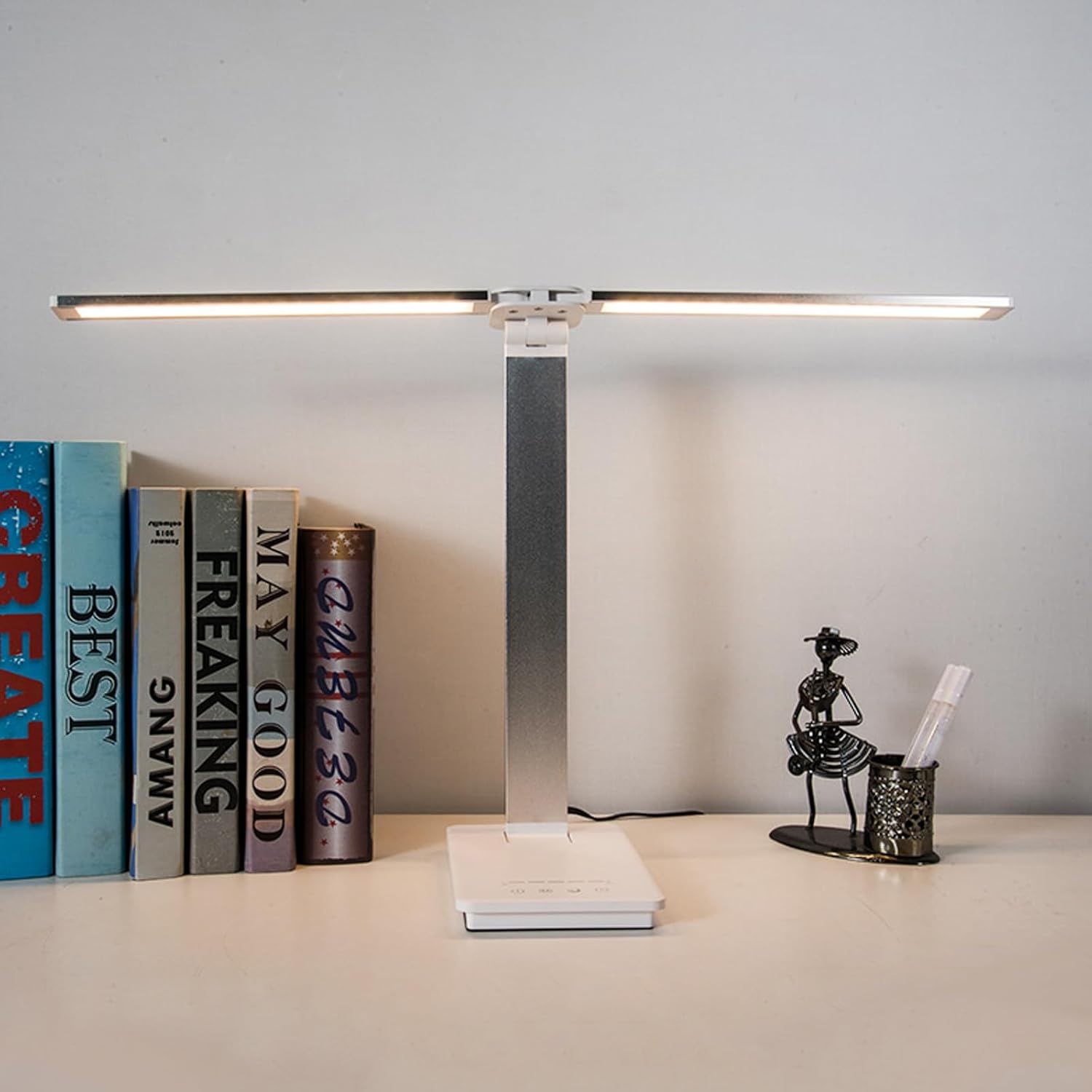 Lámpara de escritorio LED de doble brazo oscilante, regulable, lámpara de mesa plegable ajustable con puerto de carga USB, lámpara de tarea de