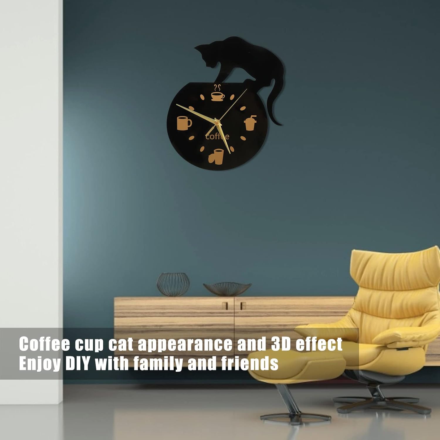 GLOGLOW Reloj de pared de cocina, reloj de pared 3D, movimiento silencioso, café, gato, sin marco, diseño para oficina, dormitorio, dormitorio
