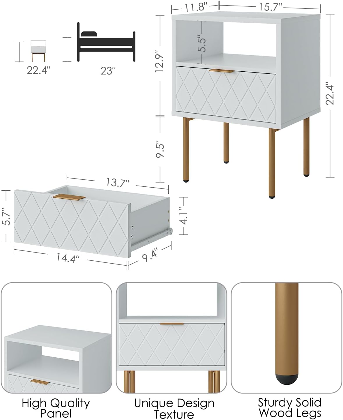 Masupu Mesita de noche, mesita de noche pequeña con cajón, mesita de noche blanca, muebles de noche, mesa auxiliar con marco dorado, cómoda con