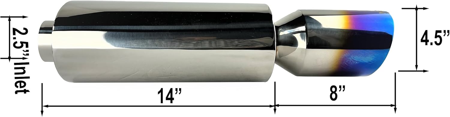 NETAMI Silenciador de rendimiento de entrada de 2.5 pulgadas a salida de 4.5 pulgadas, ovalado de acero inoxidable con punta azul quemada de 4.5