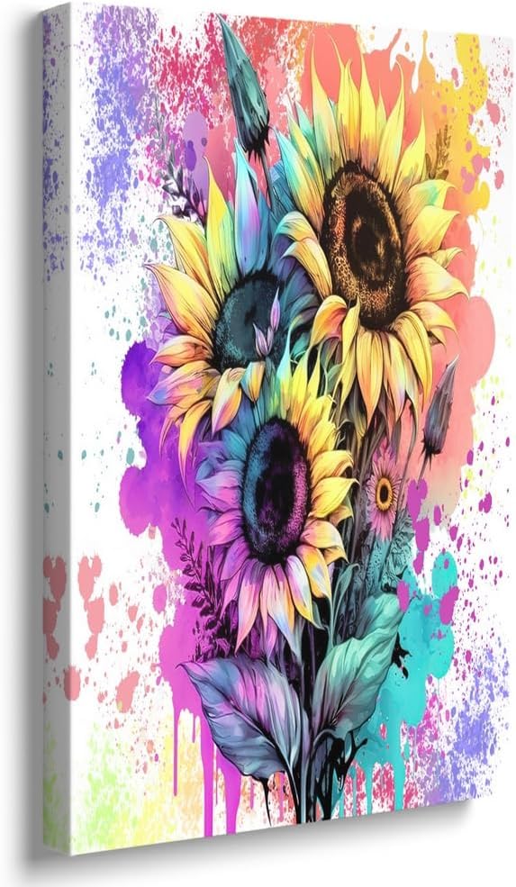 GUBIYU Decoración de baño, lienzo de girasol, arte para pared, acuarela, mariposa, flores, pintura floral, amarillo, rosa, morado, verde azulado,