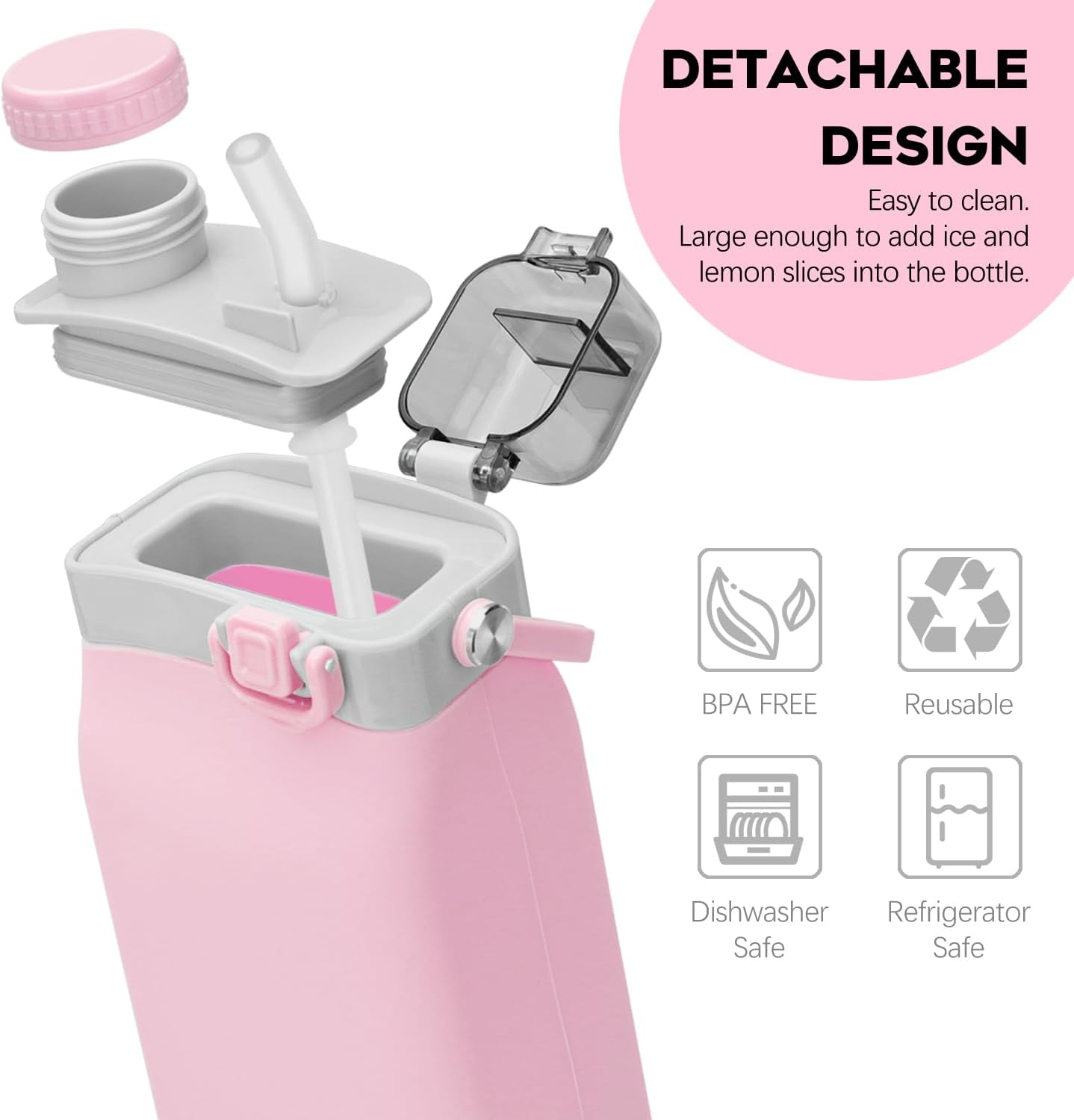 Sinyon Botellas de agua plegables, botella de agua reutilizable de silicona de 20 onzas con popote y correa, botella de agua deportiva plegable a