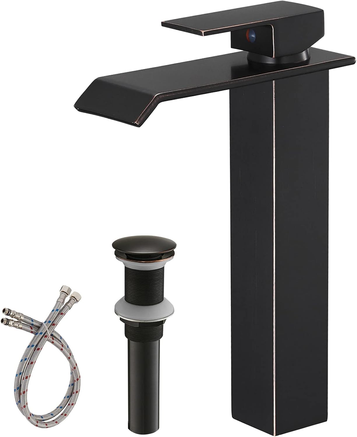 Grifo de lavabo de bronce aceitado cascada grifo de baño alto moderno grifo de lavabo de una sola manija, con montaje de drenaje