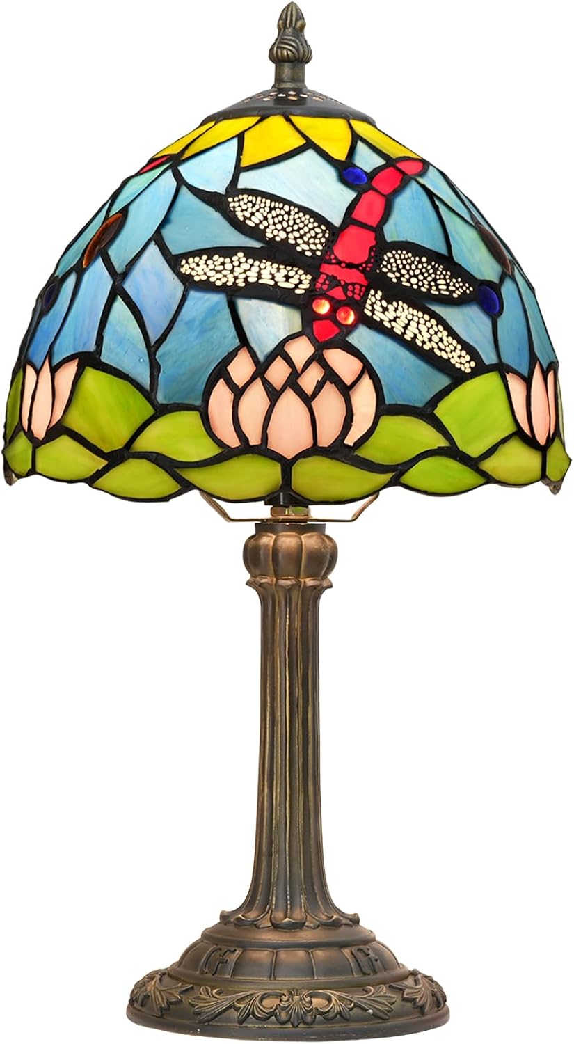 Blivuself Lámpara de mesa estilo Tiffany con flores de loto y libélula para sala de estar, dormitorio, decoración de mesita de noche, azul, pequeña,