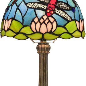 Blivuself Lámpara de mesa estilo Tiffany con flores de loto y libélula para sala de estar, dormitorio, decoración de mesita de noche, azul, pequeña, Blivuself Lámpara de mesa estilo Tiffany con flores de loto y libélula para sala de estar, dormitorio, decoración de mesita de noche, azul, pequeña,