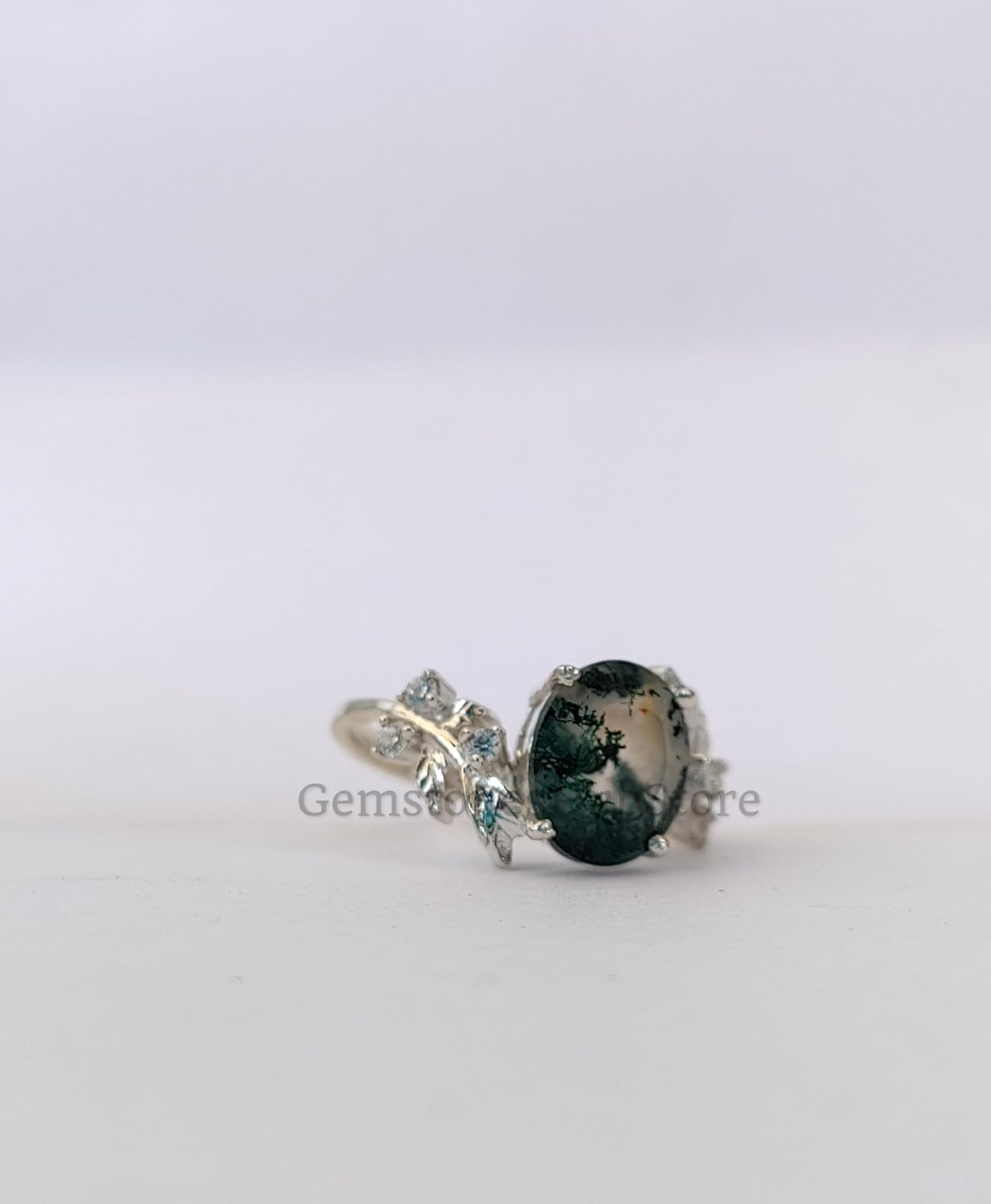 Natural Moss Agate Ring Oval Cut Leaf Ring Engagement Ring Moss Agate Jewelry 925 Sterling Silver Nature Inspired Ring (Black, 3)