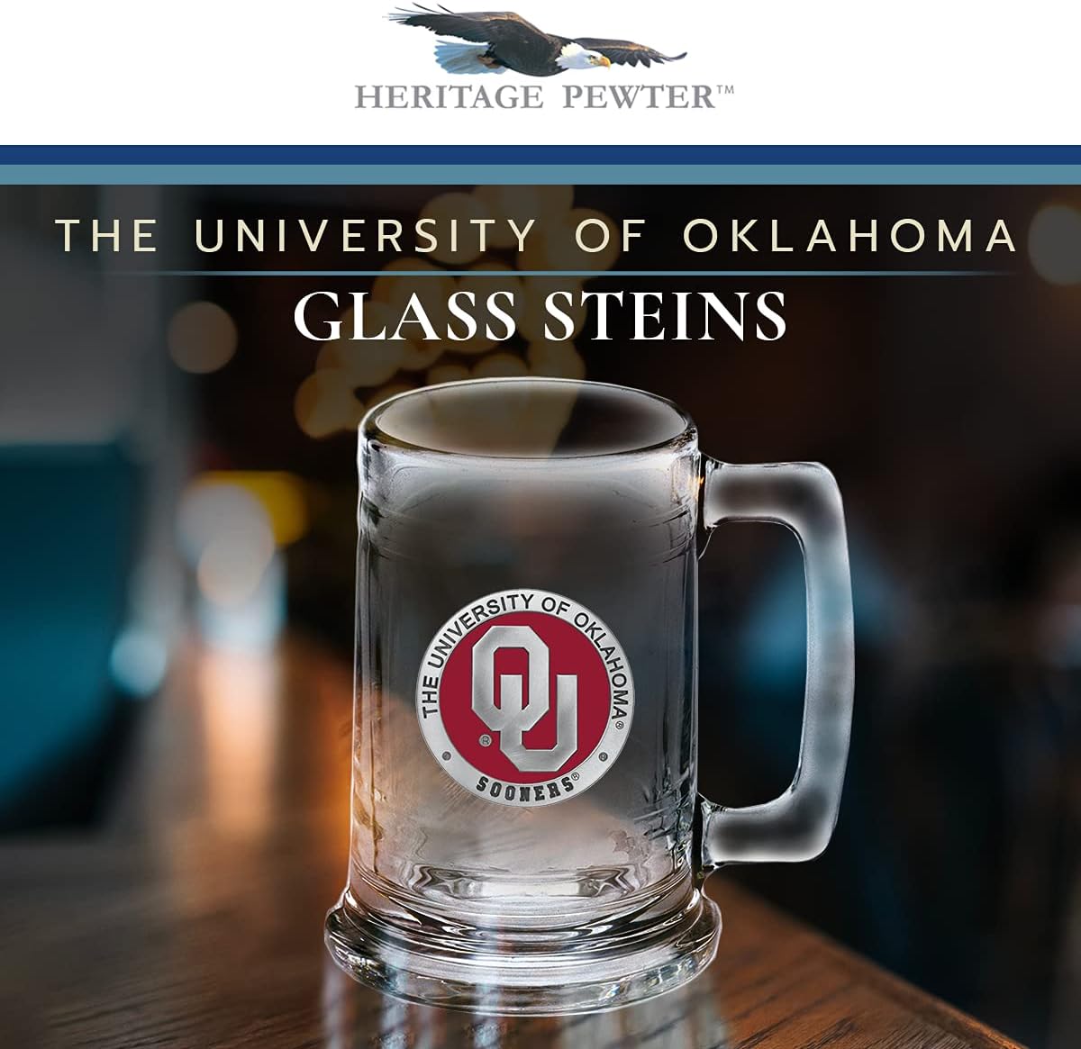 Vaso de cerveza Oklahoma  Vaso de cerveza de estilo alemán de 15 onzas  Incrustación de metal Alma Mater de peltre intrincadamente elaborada