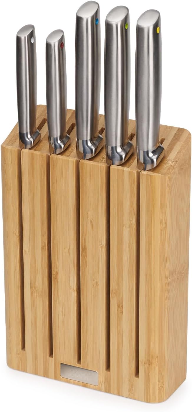 Joseph Joseph Elevate – Juego de cuchillos de cocina de 5 piezas, acero inoxidable japonés, bloque de cuchillos de bambú delgado