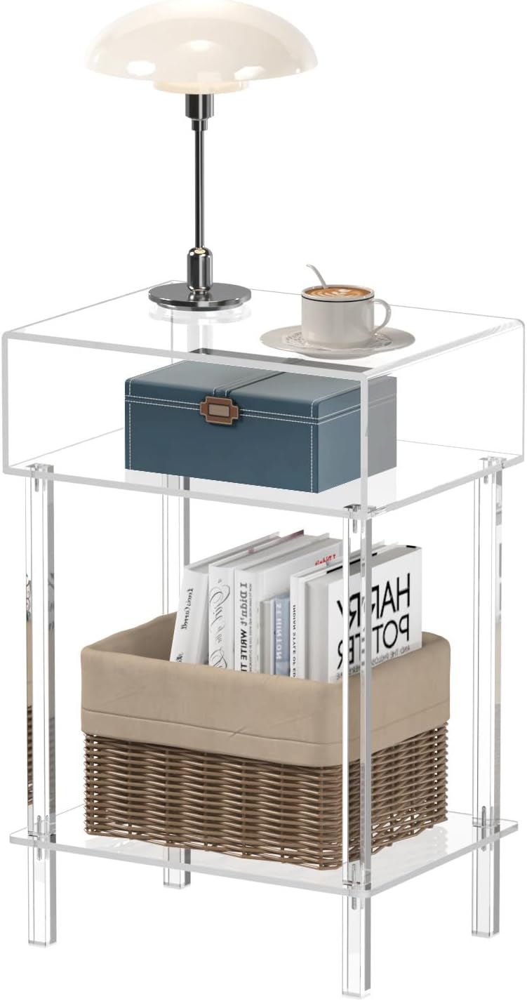 Aquiver Mesita de noche acrílica con patas cuadradas, moderna mesita de noche transparente, mesa auxiliarmesa auxiliar para dormitorio, 15.6