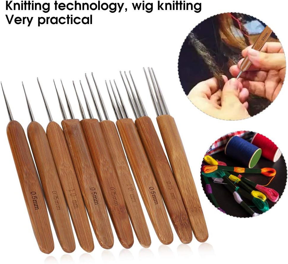 Juego de 9 ganchos de ganchillo para rastas, gancho de ganchillo de acero, mango de bambú para herramienta de tejido de cabello trenzado, artesanía