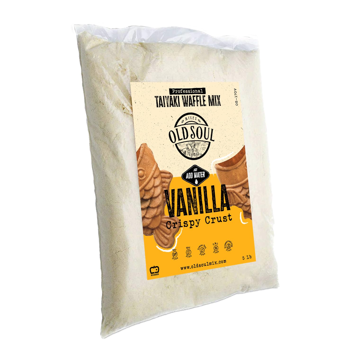 OldSoul Professional Taiyaki Waffle Mix  Crujiente  Sabor vainilla  Sin soja y nueces  5 libras  84 waffles (vainilla, 5 libras)