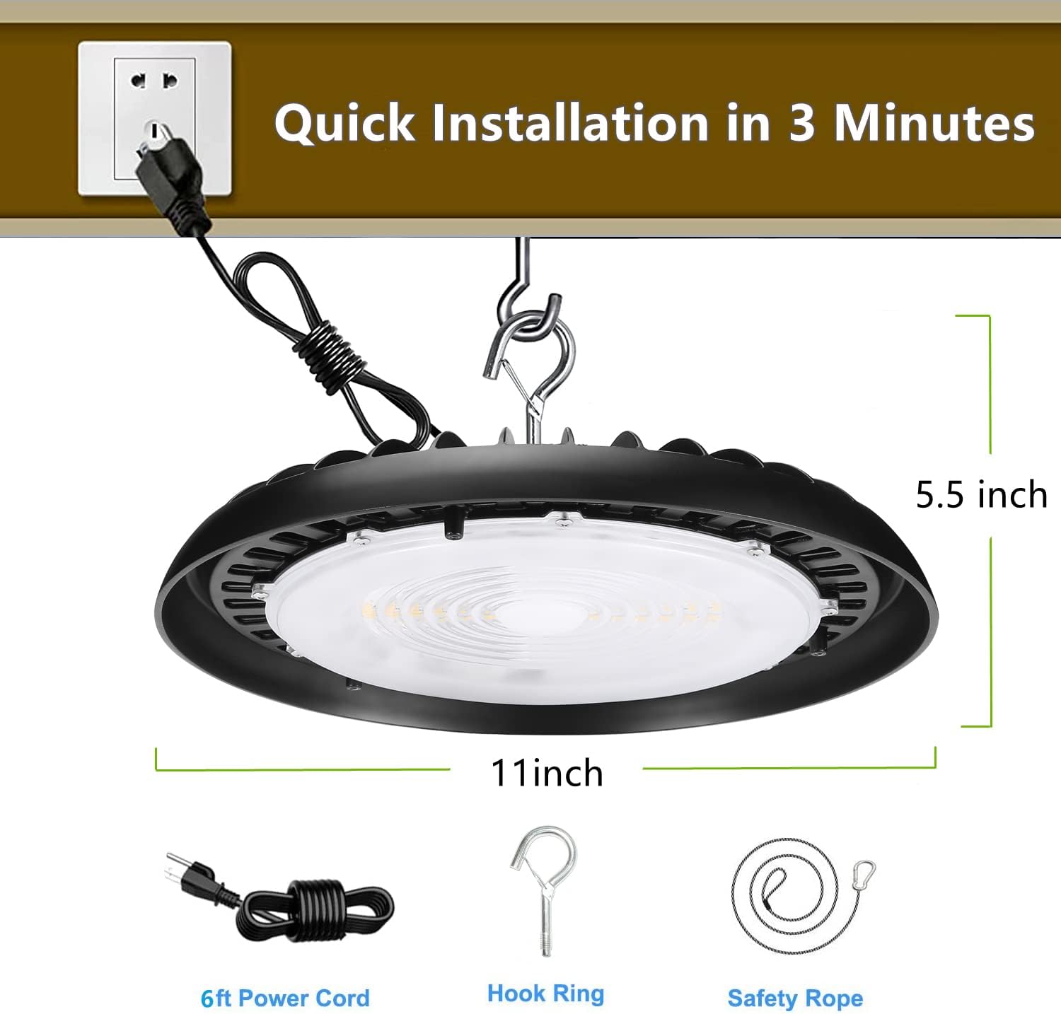 Paquete de 2 lámparas LED de alta bahía de 150 W para almacén, luz diurna de 120 V 5000 K, 19500 lm (600 W-800 W HPSMH Eqv.), luces LED UFO Highbay