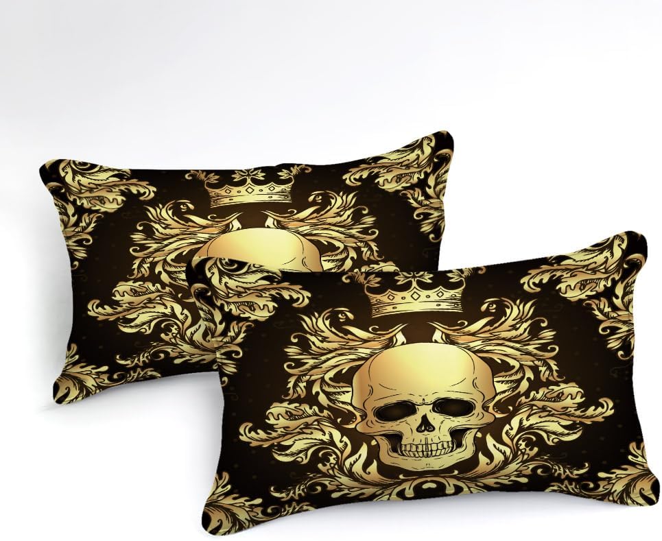 Merryword Juego de edredón de calavera negra y dorada, juego de edredón de estilo gótico oscuro, huesos de esqueleto espeluznante, patrón bohemio,