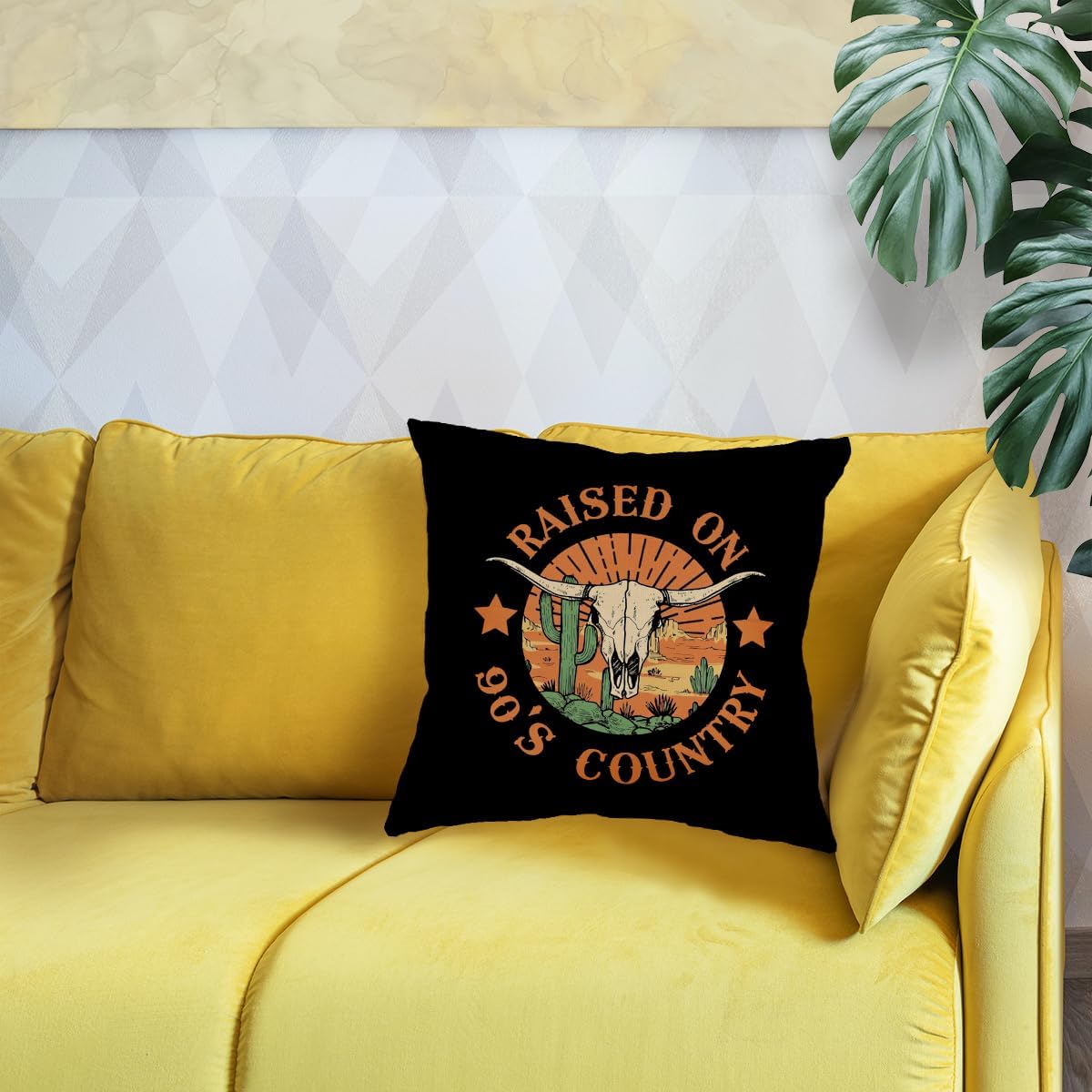 Funda de almohada reversible retro con diseño de calavera de toro occidental y cactus levantado en los años 90, música country, decoración del