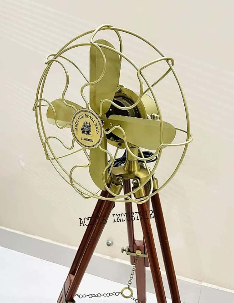 ACTIVE INDUSTRIES Ventilador de piso antiguo hecho a mano, ventilador azul marino real con trípode de madera marrón 45 pulgadas