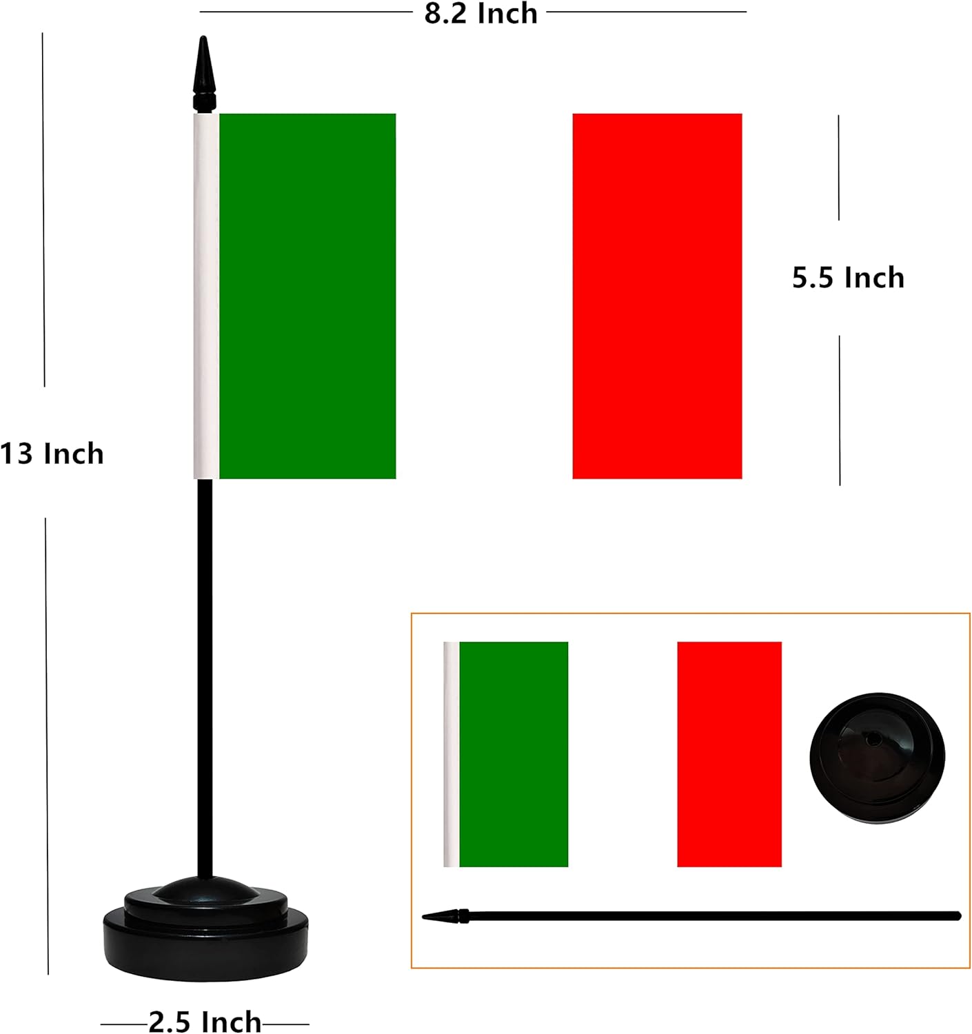 Juego de 12 banderas de escritorio de Italia, pequeñas banderas italianas de oficina con poste negro sólido de 12 pulgadas, base negra y parte