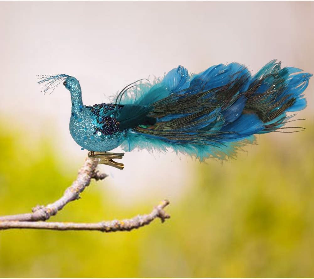 Adornos de Navidad de pavo real sintético de 12 pulgadas con una cola de plumas de pavo real, adornos de pavo real para decoración de árbol de