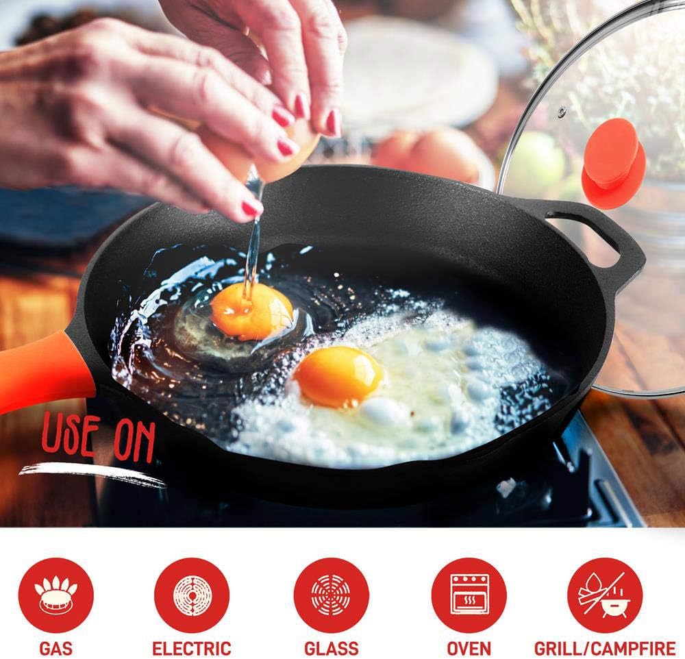 NutriChef NCCI10 – Juego de utensilios de cocina de hierro fundido antiadherente de 10 pulgadas con tapa de vidrio templado y mango de silicona para