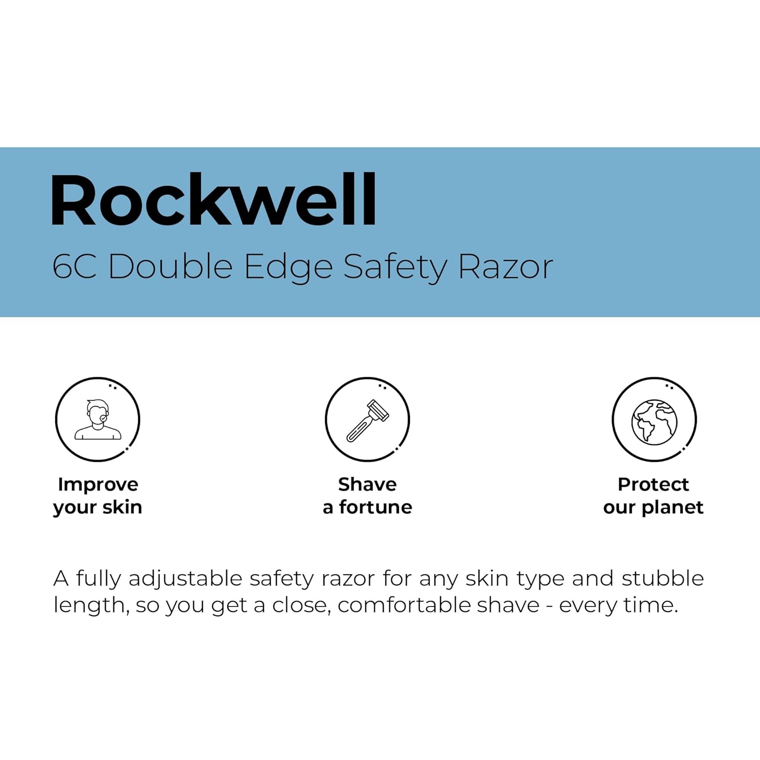 Rockwell Razors 6C – Maquinilla de afeitar de seguridad de doble filo cromado blanco para hombres y mujeres con 6 ajustes de afeitado ajustables y 5