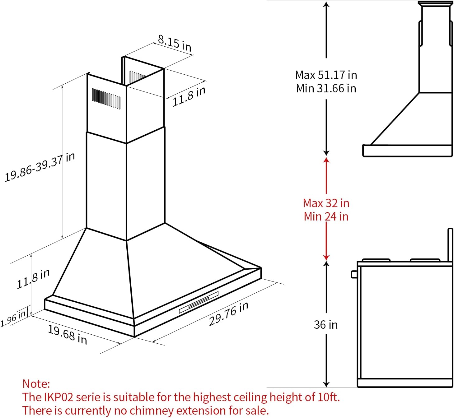 IKTCH Campana extractora negra de 30 pulgadas para montaje en pared, 900 CFM con canalizadosin conductos, campana de ventilación de acero inoxidable