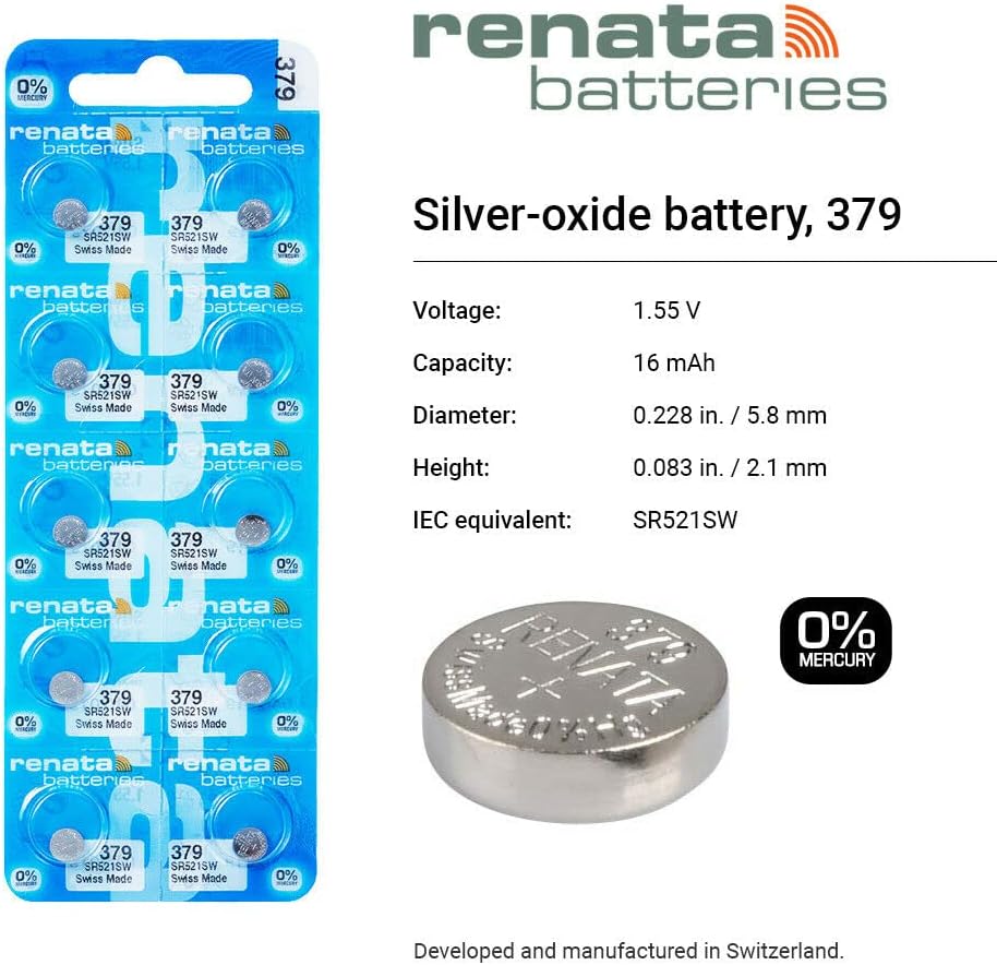 Renata 379 SR521SW Baterías  1.55 V Óxido de Plata 379 Batería de reloj (10 unidades)