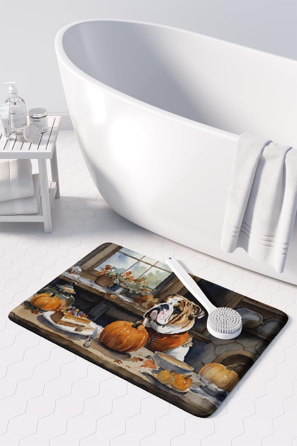 Caroline’s Treasures English Bulldog Fall Kitchen Pumpkins Memory Foam Kitchen Mat Machine Washable Anti-Fatigue Mat Cushion Comfort Bath Mat or