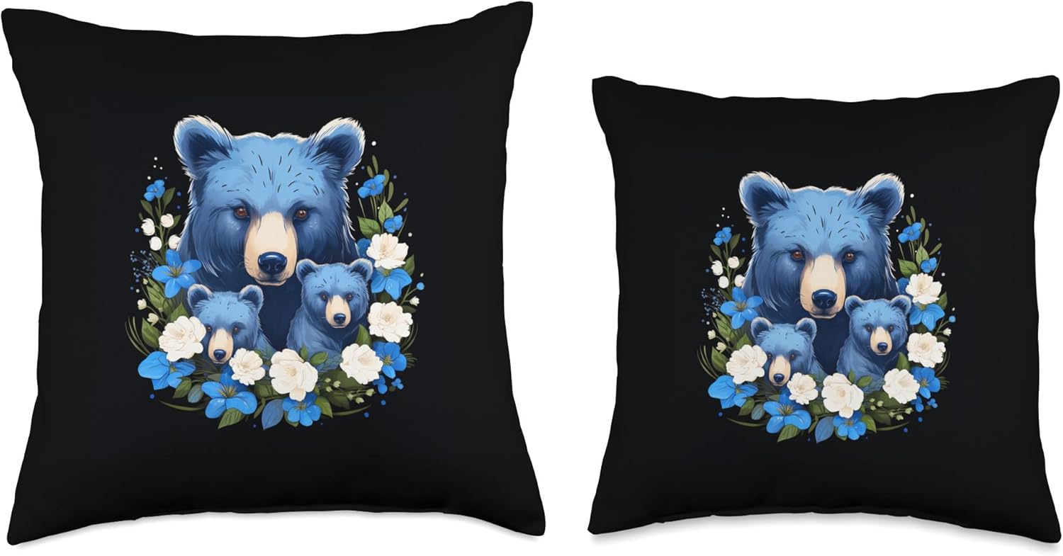 2 Kiddos Mama Bear 2 Cubs shoppa Almohada de mamá oso y dos cachorros con diseño floral azul para madre de 2 niños, 16 x 16 pulgadas, multicolor