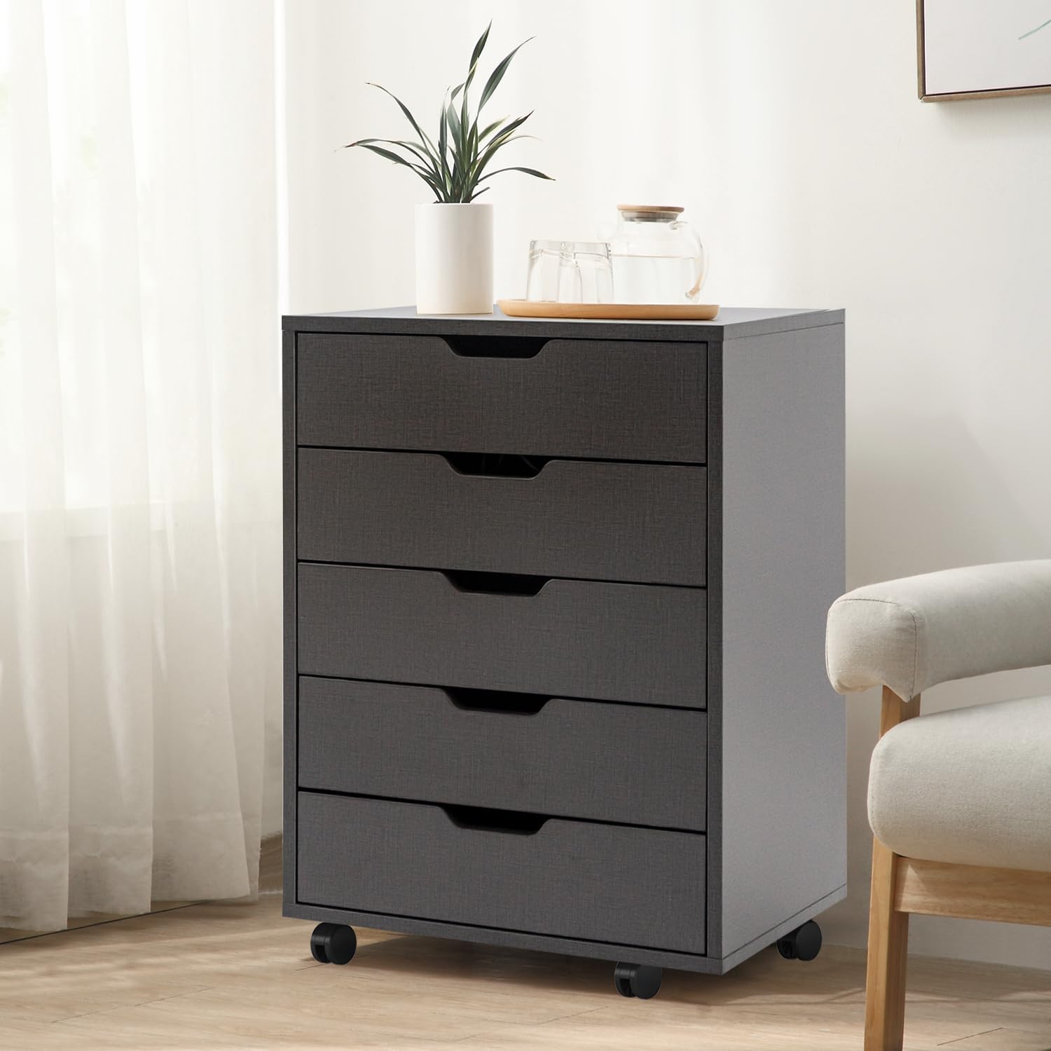 Zanzio Archivador móvil para oficina en casa con 5 cajones delgados, pequeño gabinete vertical comercial con ruedas, archivador rodante para
