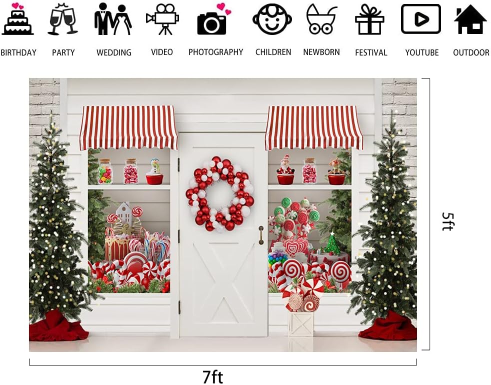 Lofaris Telón de fondo de Navidad de invierno con texto en inglés “Merry Christmas” Sweet Candy Storefront Cottage, guirnalda de Papá Noel, luces