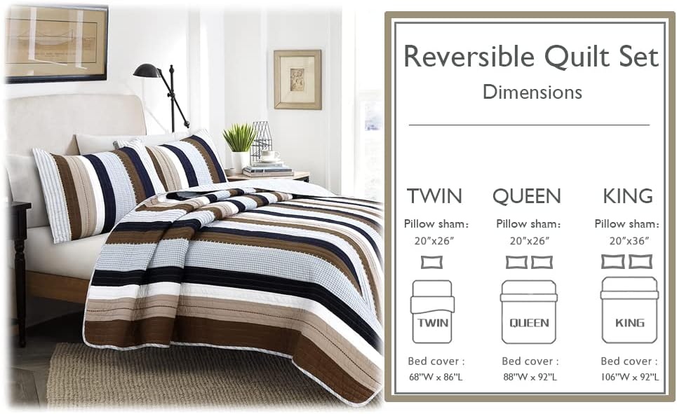Cozy Line Home Fashions Juego de ropa de cama reversible de 100 % algodón, a cuadros, color marrón marino, colcha para todas las estaciones (Nathan