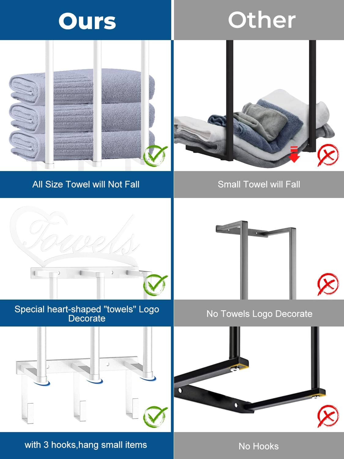 Toalleros para baño montados en la pared, nuevo toallero de pared 3 en 1 mejorado para toallas enrolladas, almacenamiento de toallas de baño con 3