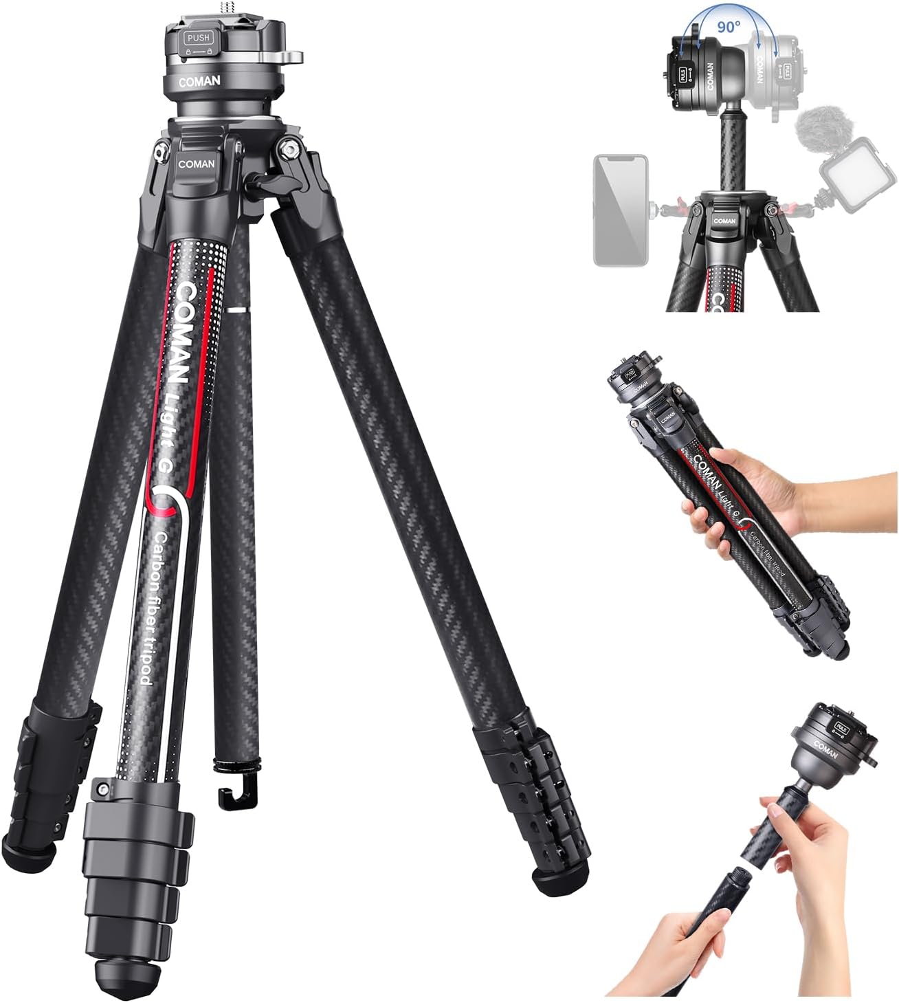 COMAN – Trípode ligero para cámara de viaje, soporte compacto de fibra de carbono de 62.2 pulgadas, cabezal de bola de 360  desmontable con placa