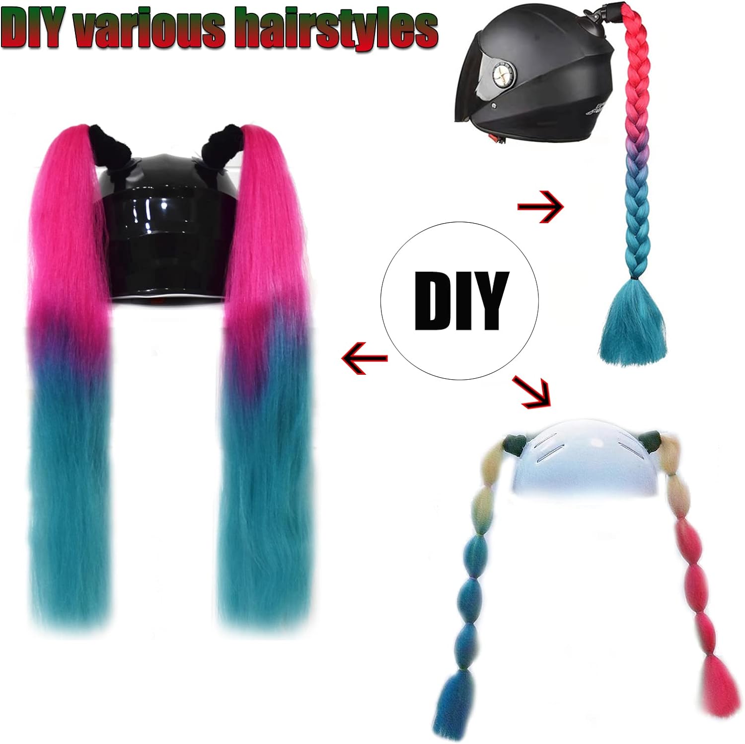 2 piezas – Casco de motocicleta, cola de caballo, casco de bicicleta, trenzas para cualquier casco, decoración de copa, reutilizable (J)