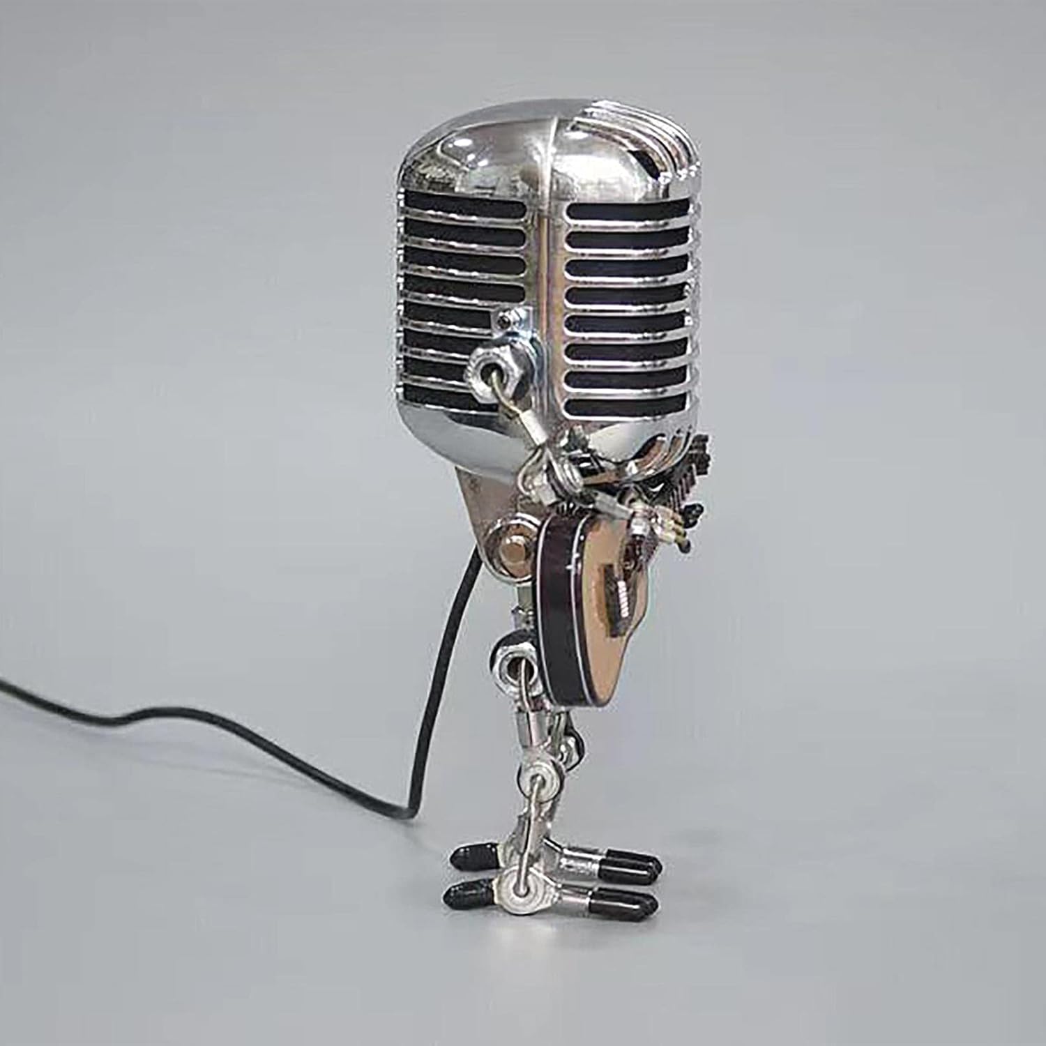 Lámpara vintage con micrófono, guitarra, robot con atenuador, lámpara de mesa de metal retro de tamaño pequeño, luz nocturna de brillo ajustable