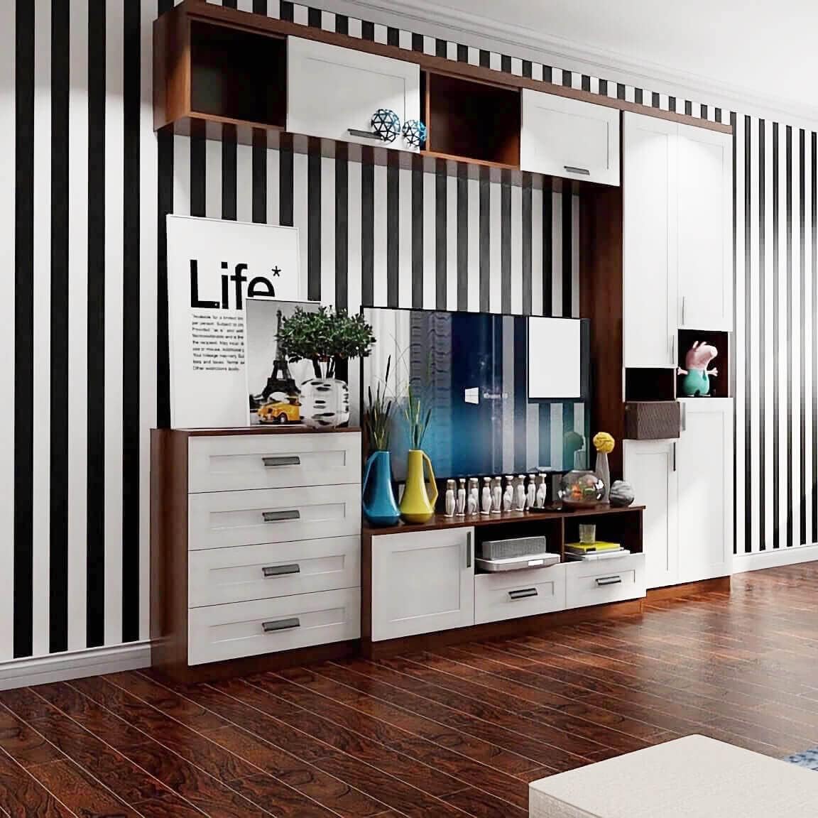 Qianglive Papel tapiz a rayas blancas y negras de 17.3 x 480 pulgadas, papel tapiz autoadhesivo extraíble impermeable para paredes, papel tapiz