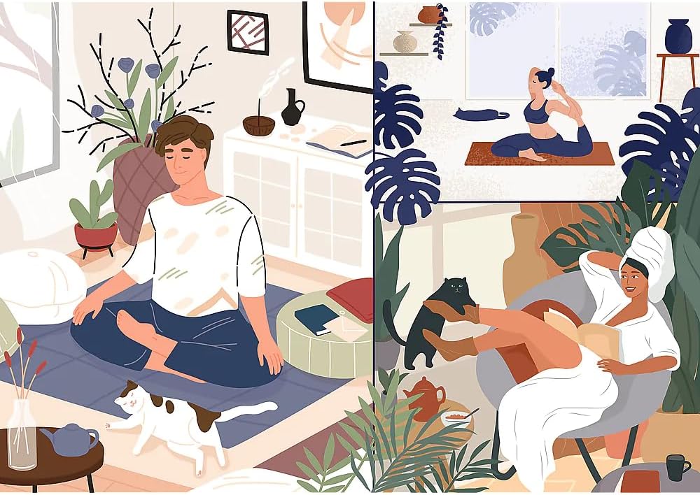 Trefl Rompecabezas de 1000 piezas Prime – Yoga, gatos y café tranquilidad