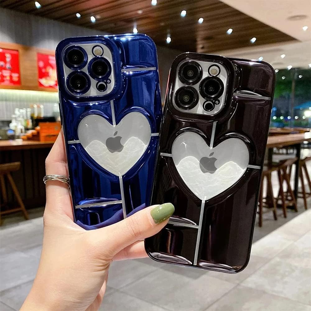 Casechics Funda compatible con iPhone, funda de lujo galvanizada con corazón hueco, protección para lente de cámara, suave a prueba de golpes