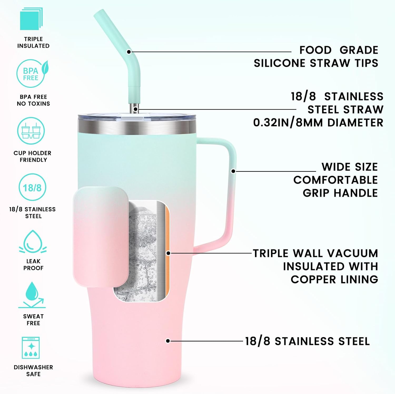 Vaso de 40 onzas con asa y popote, mantiene las bebidas frías durante 30 horas o calientes 9 horas, vaso de viaje grande aislado de acero inoxidable