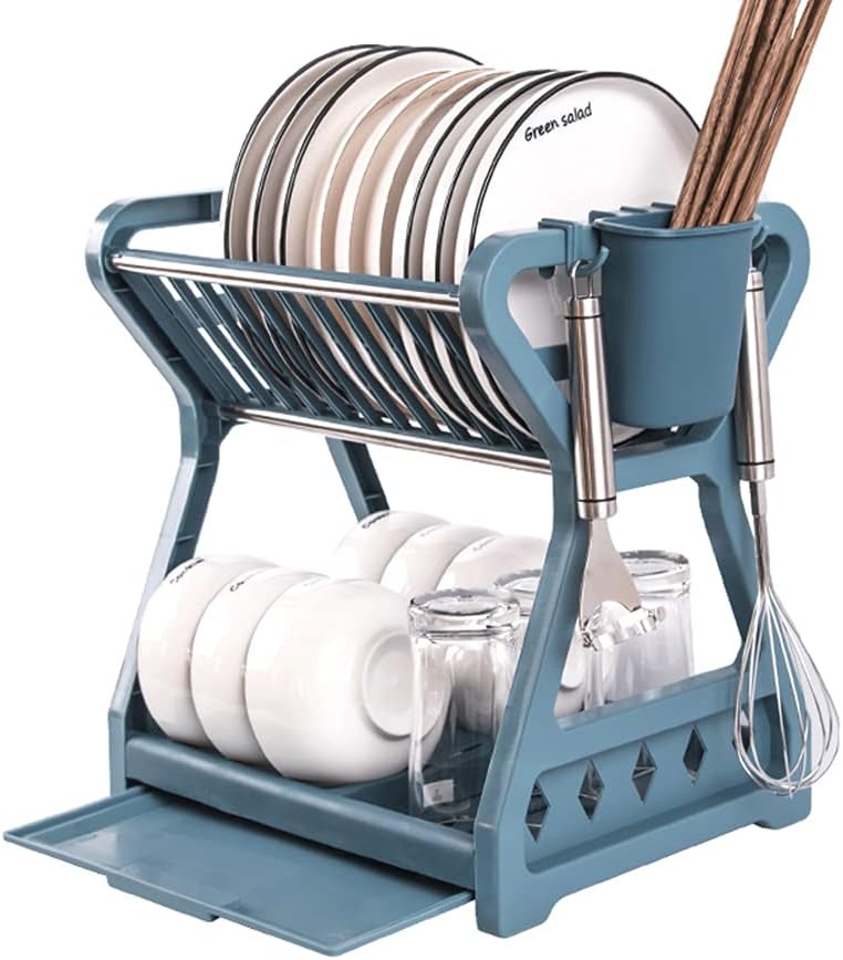 Escurridor de platos fácil de limpiar, escurridor de platos de 2 niveles con escurridor, organizador de platos de cocina, escurridor de platos con