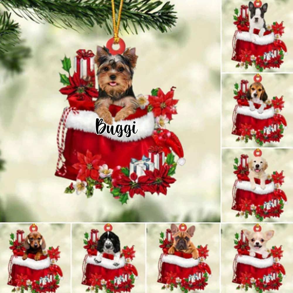 Chihuahua personalizado 4 perros en bolsa de regalo, adorno de Navidad, nombre personalizado, regalo para amantes de los perros, familia, Navidad,