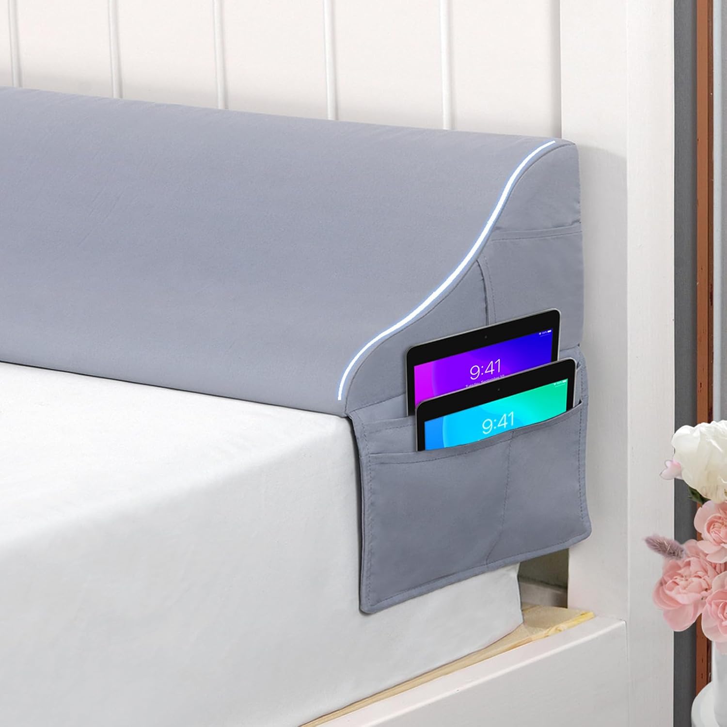 Vekkia Almohada de cuña de cama tamaño Queen con bolsillos grandes para cabecero, relleno de espacio de colchón, almohada triangular para cerrar el