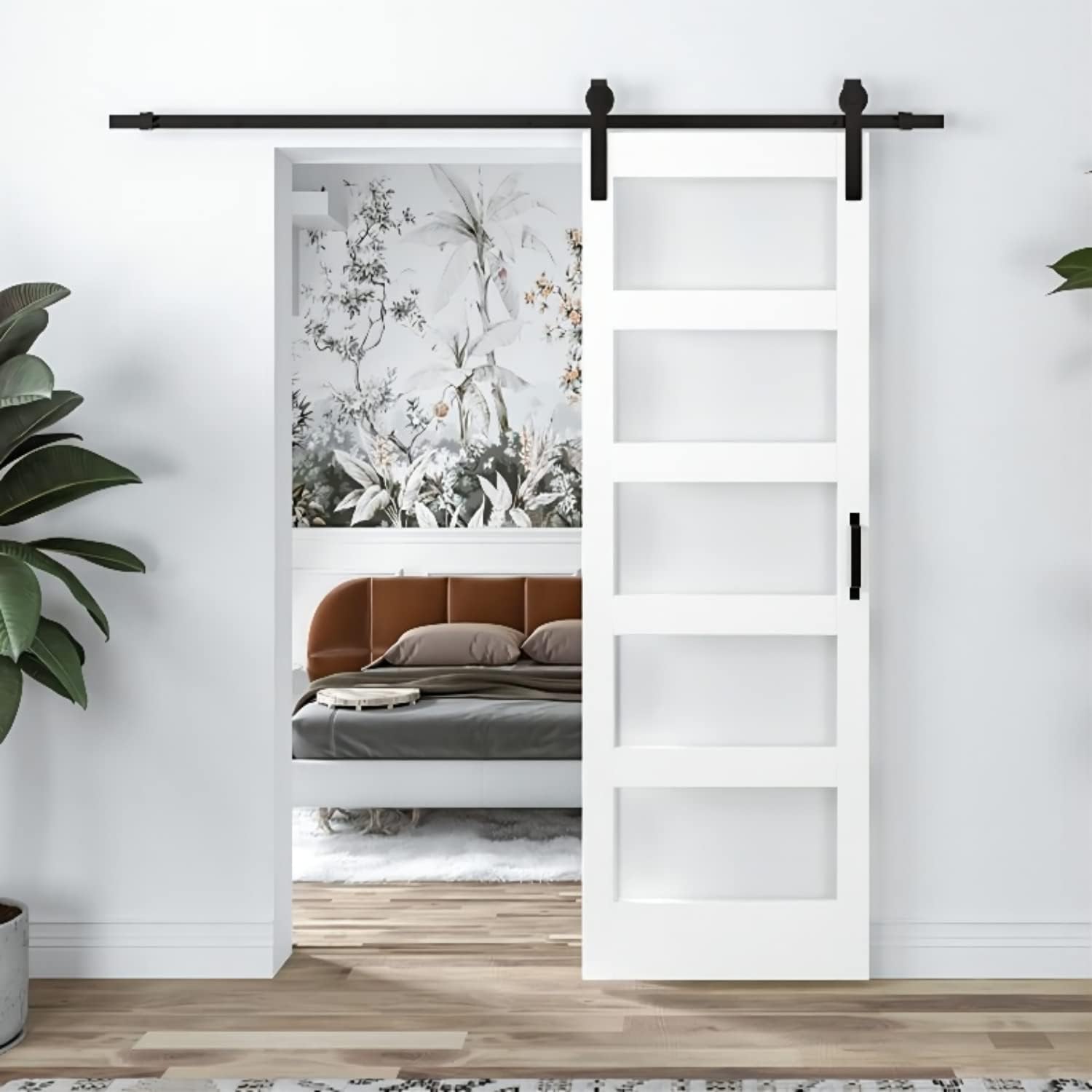 BARNER HOME Puerta corrediza de granero de 30 x 84 pulgadas, MDF, imprimada, 5 paneles de vidrio, necesita montar, con herrajes de 6.6 pies, mango y